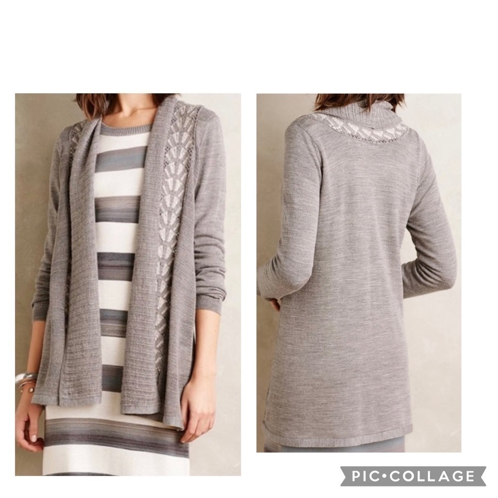 KNITTED & KNOTTED ANTHROPOLOGIE Womenโs Gray Knit Cardigan Lace Details Size XS